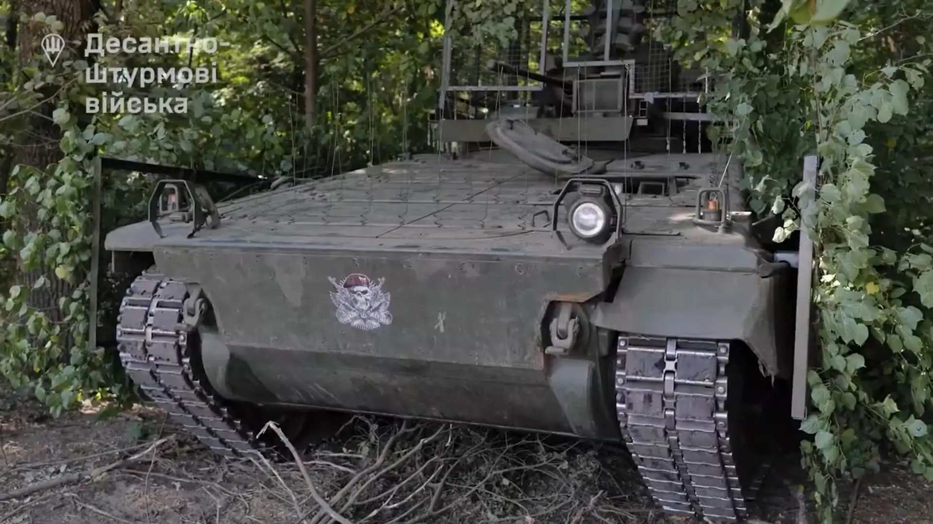 Marder 1A3 IFV with drone cage, jammer, and camouflage made from natural materials