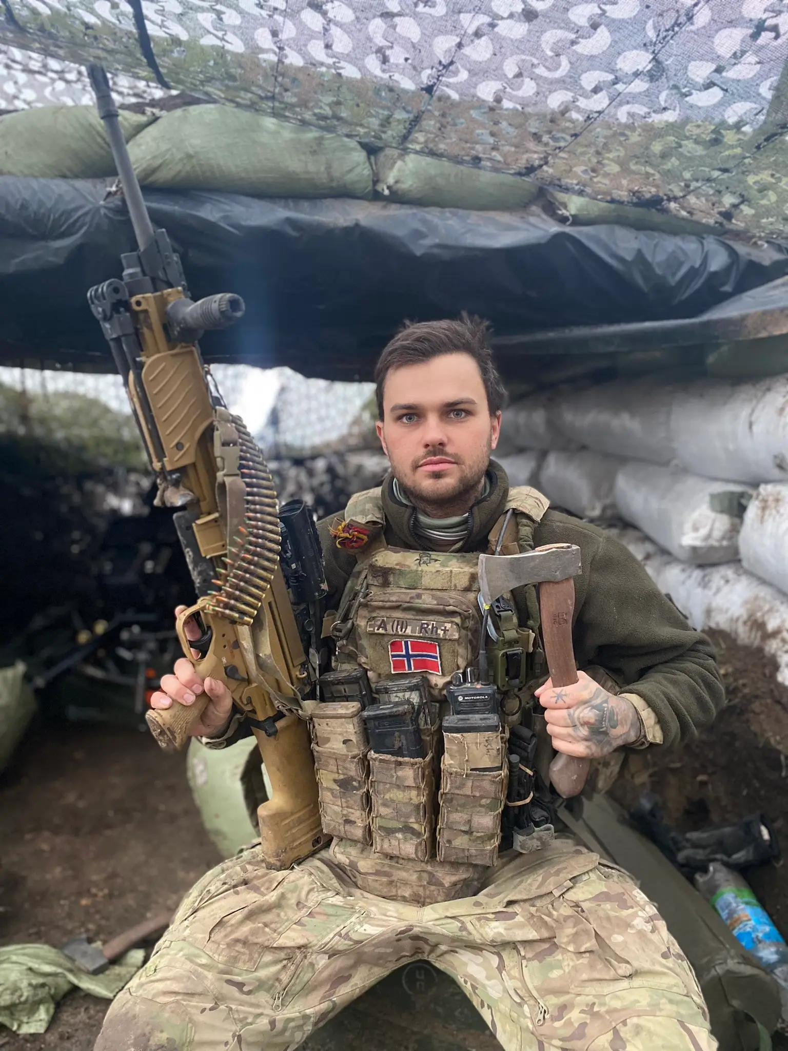 Norwegian volunteer Kevin Vinje who fights for the Delta Knights Group which is part of the International Legion of the Ukrainian HUR MO shows himself with an MG4