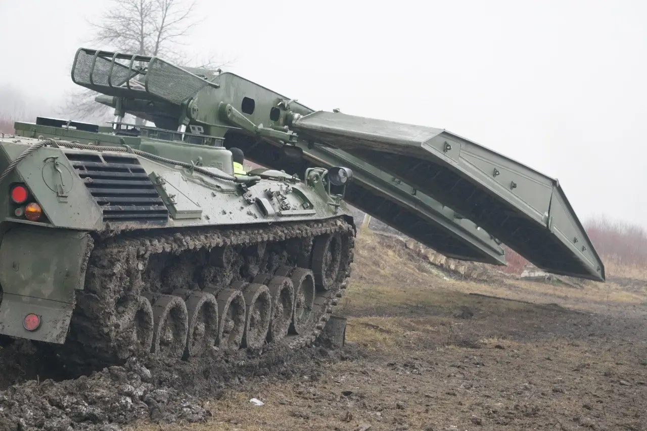 Bridge-laying tank Biber during a training