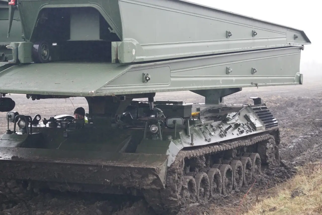 Bridge-laying tank Biber during a training
