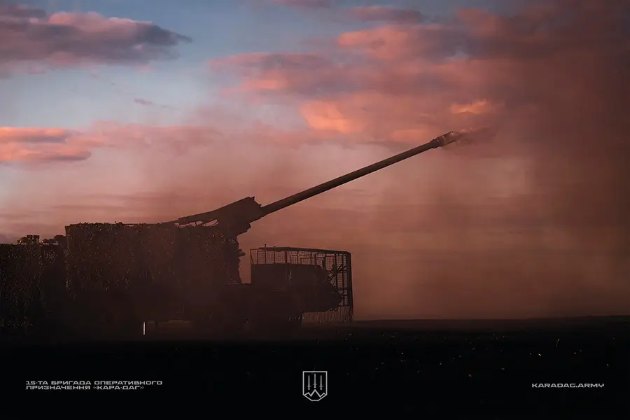Zuzana 2 with a drone cage shortly after firing an artillery shell