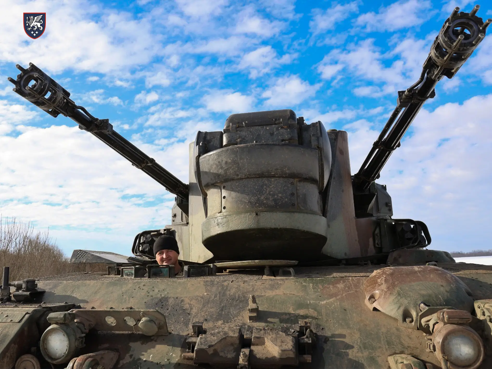 Ukrainian soldier sits inside a Cheetah SPAAG