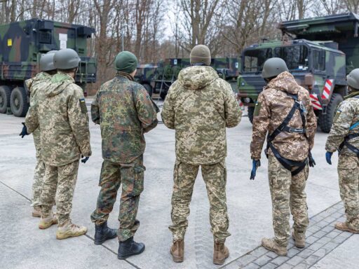 Ukrainian soldiers training on the Patriot air defence system