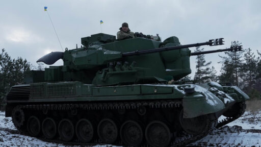 A German-supplied Gepard SPAAG in a field during the Ukrainian winter