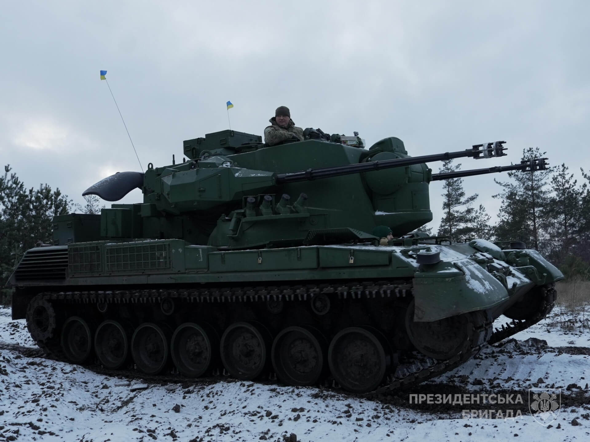 A German-supplied Gepard SPAAG in a field during the Ukrainian winter